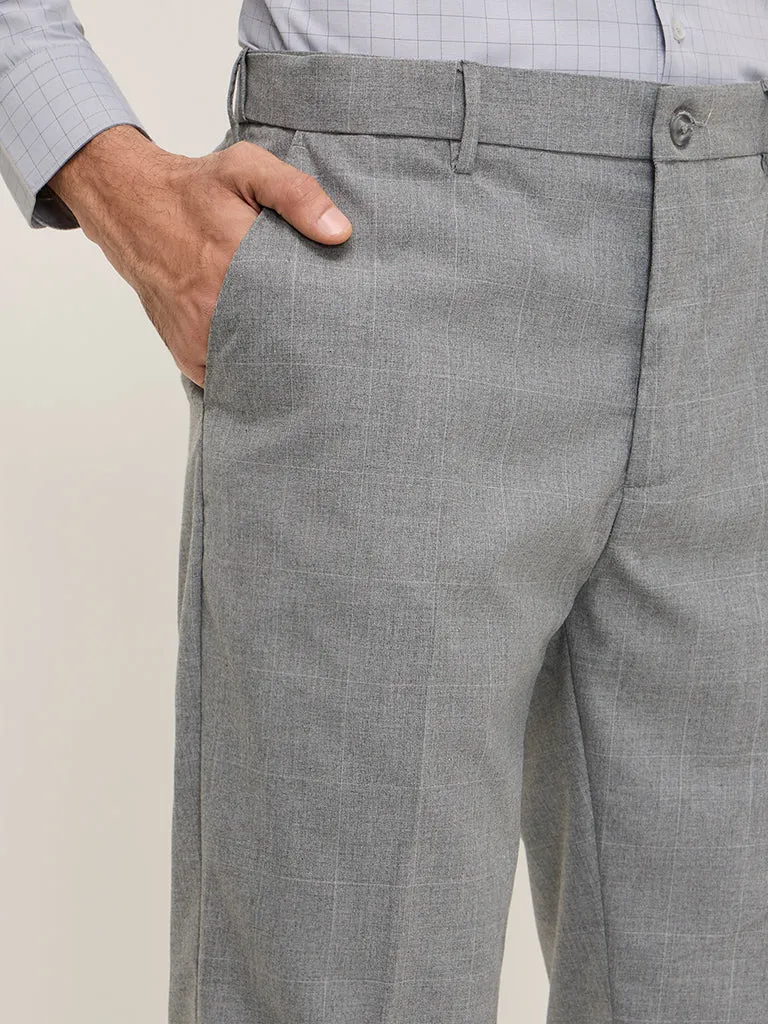 WES Formals Grey Checkered Relaxed-Fit Mid-Rise Trousers