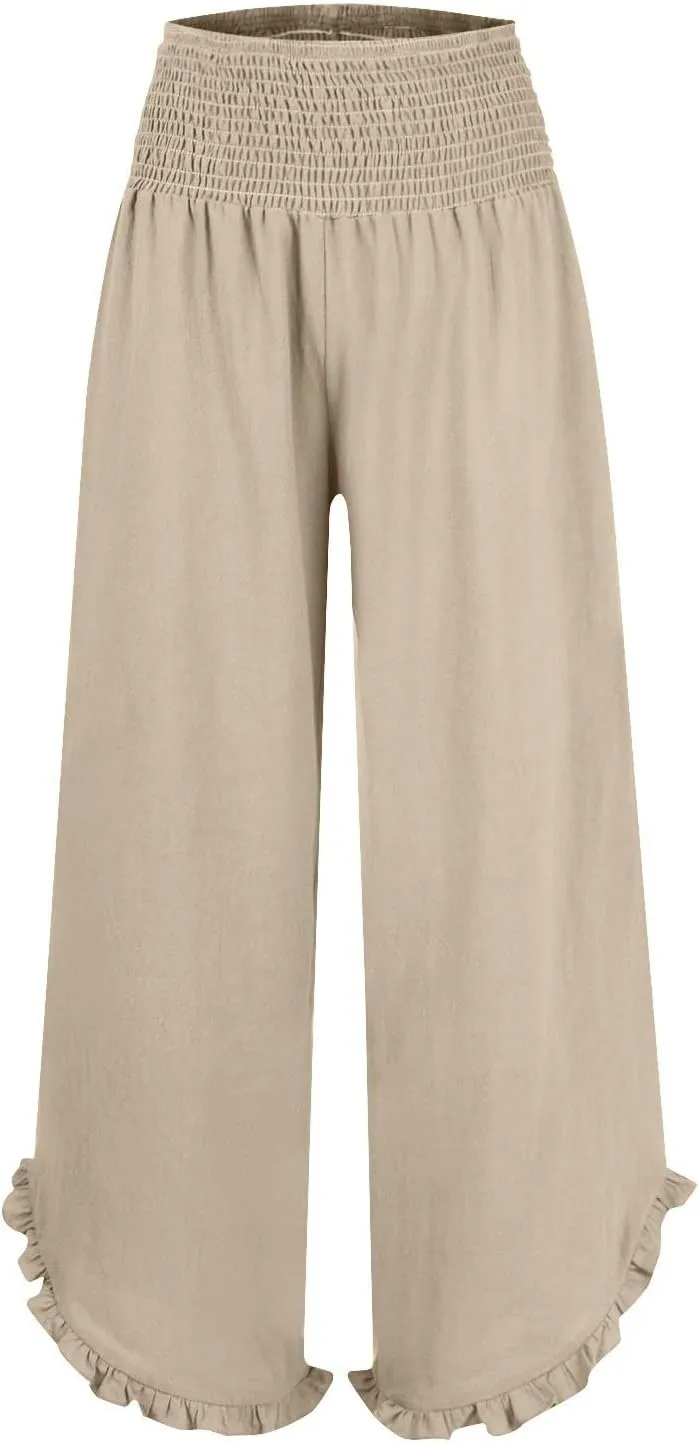 Wide Leg Linen Pants for Women Smocked Elastic Waist Ruffle Hem Palazzo Pants Lightweight Summer Casual Beach Trousers
