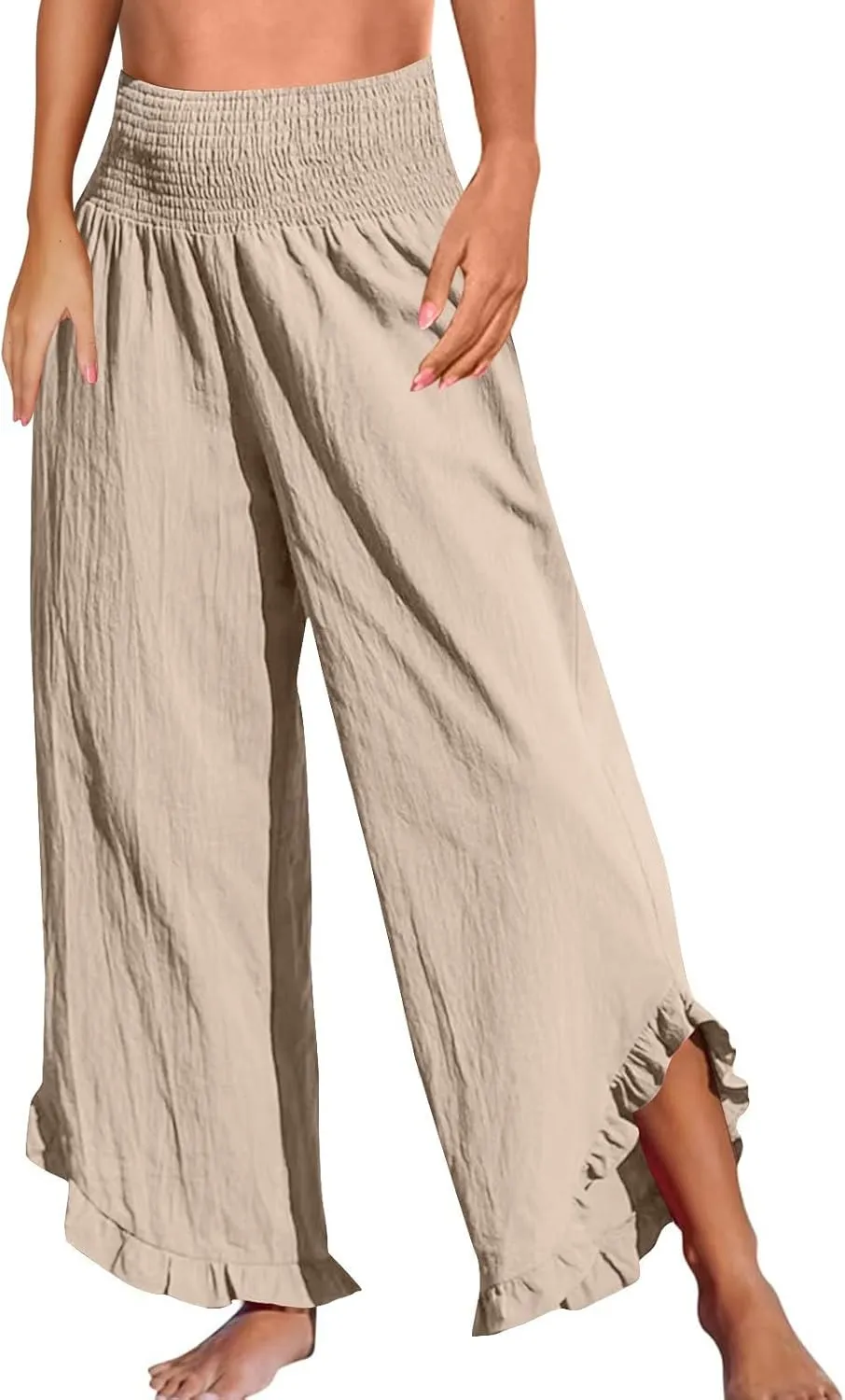 Wide Leg Linen Pants for Women Smocked Elastic Waist Ruffle Hem Palazzo Pants Lightweight Summer Casual Beach Trousers