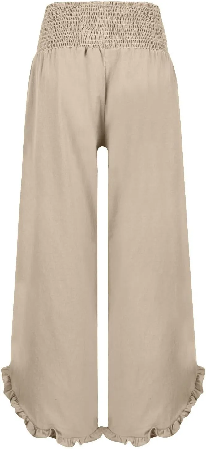 Wide Leg Linen Pants for Women Smocked Elastic Waist Ruffle Hem Palazzo Pants Lightweight Summer Casual Beach Trousers