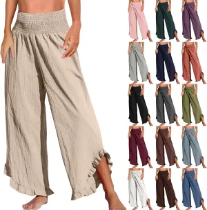 Wide Leg Linen Pants for Women Smocked Elastic Waist Ruffle Hem Palazzo Pants Lightweight Summer Casual Beach Trousers