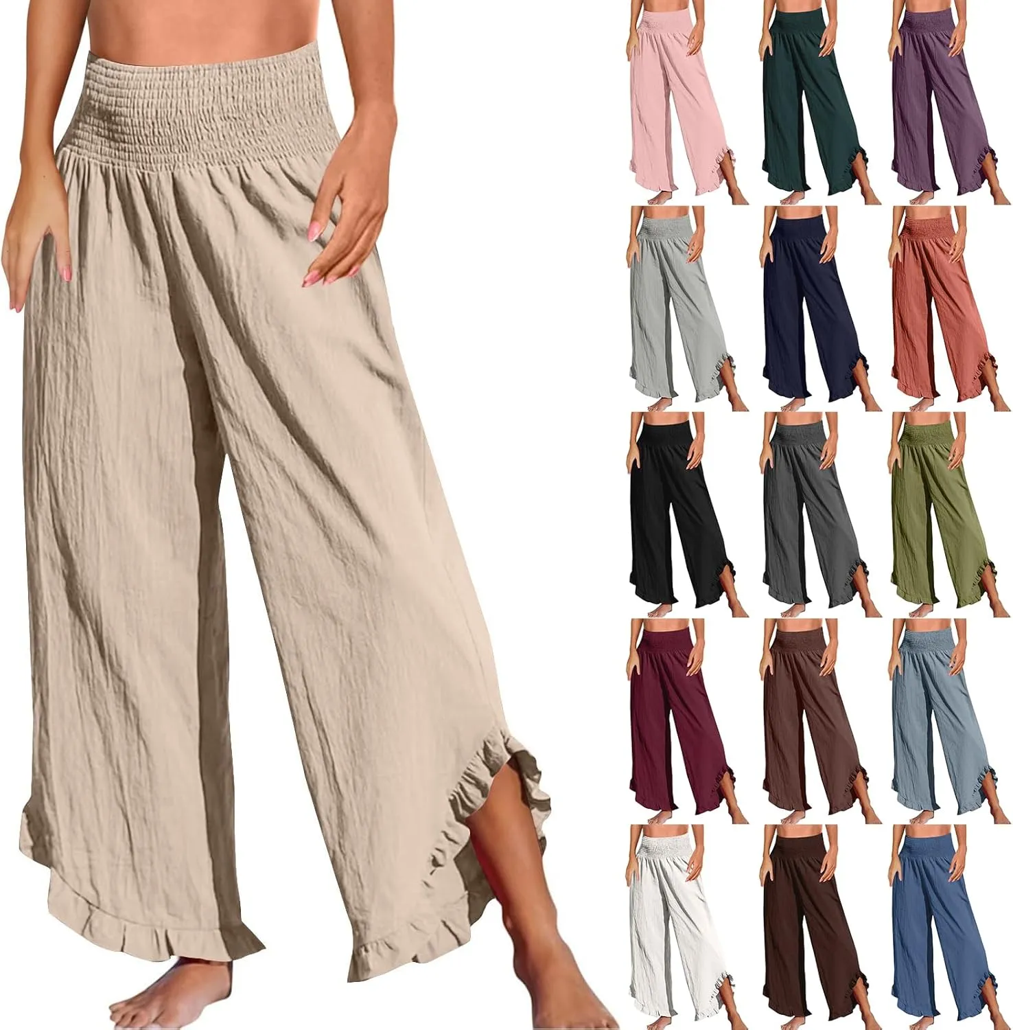 Wide Leg Linen Pants for Women Smocked Elastic Waist Ruffle Hem Palazzo Pants Lightweight Summer Casual Beach Trousers