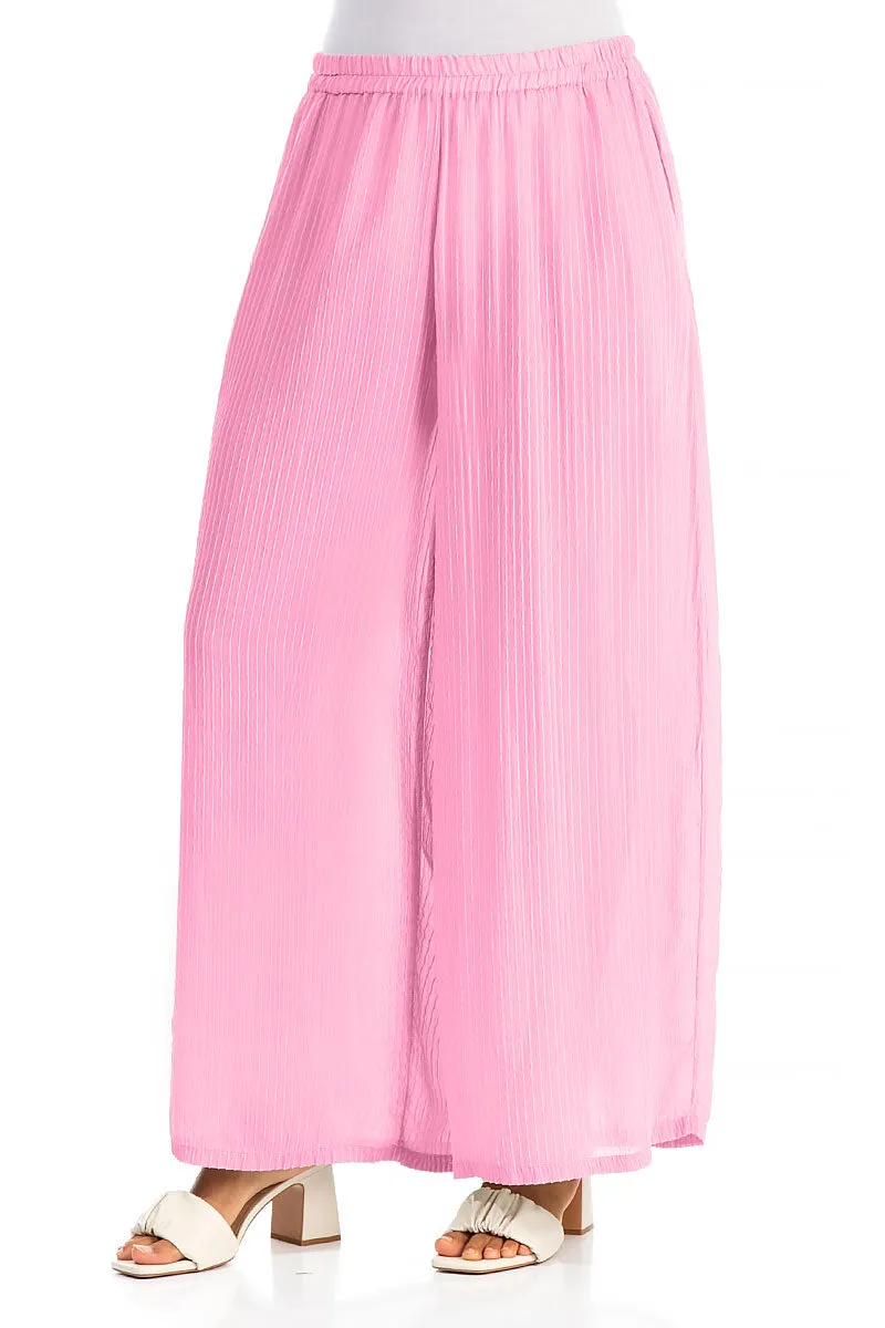 Wide Leg Taffy Pink Stripy Silk Viscose Trousers