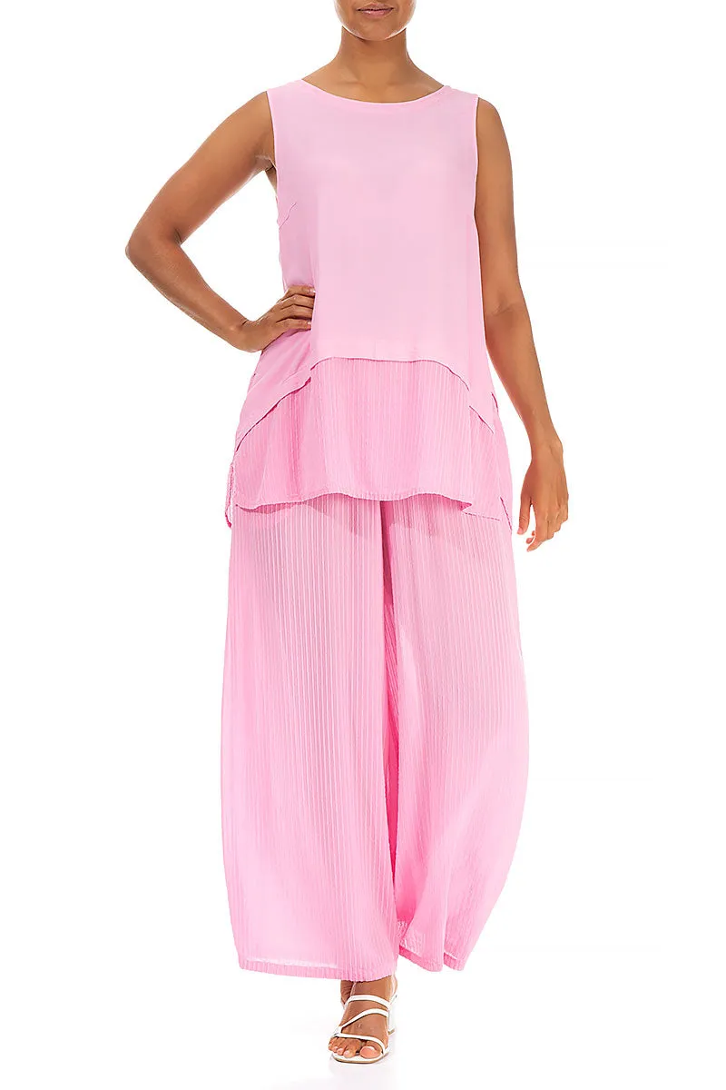 Wide Leg Taffy Pink Stripy Silk Viscose Trousers