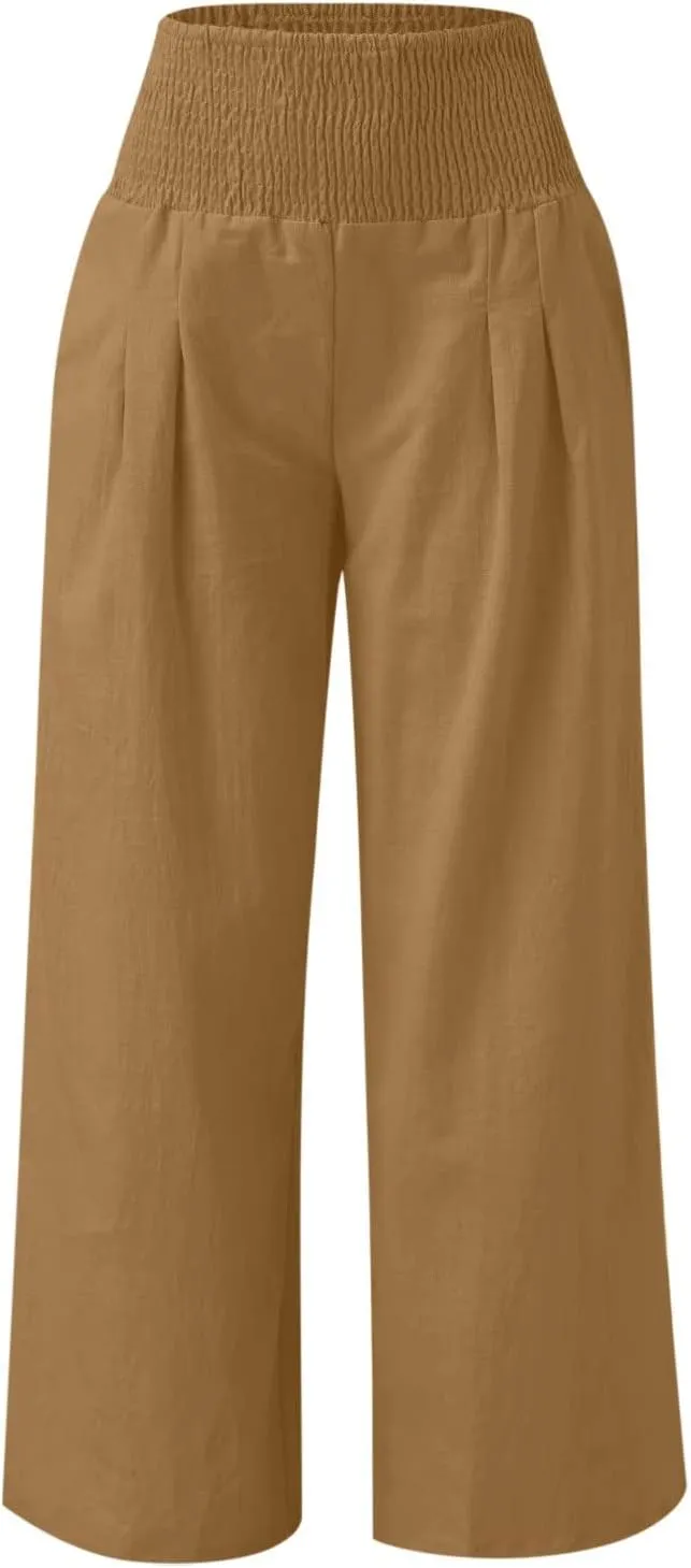 Women Linen Palazzo Pants Summer Wide Leg High Waist Trousers Casual Lounge Pant 2025 Beach Travel Vacation Outfits