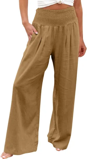 Women Linen Palazzo Pants Summer Wide Leg High Waist Trousers Casual Lounge Pant 2025 Beach Travel Vacation Outfits