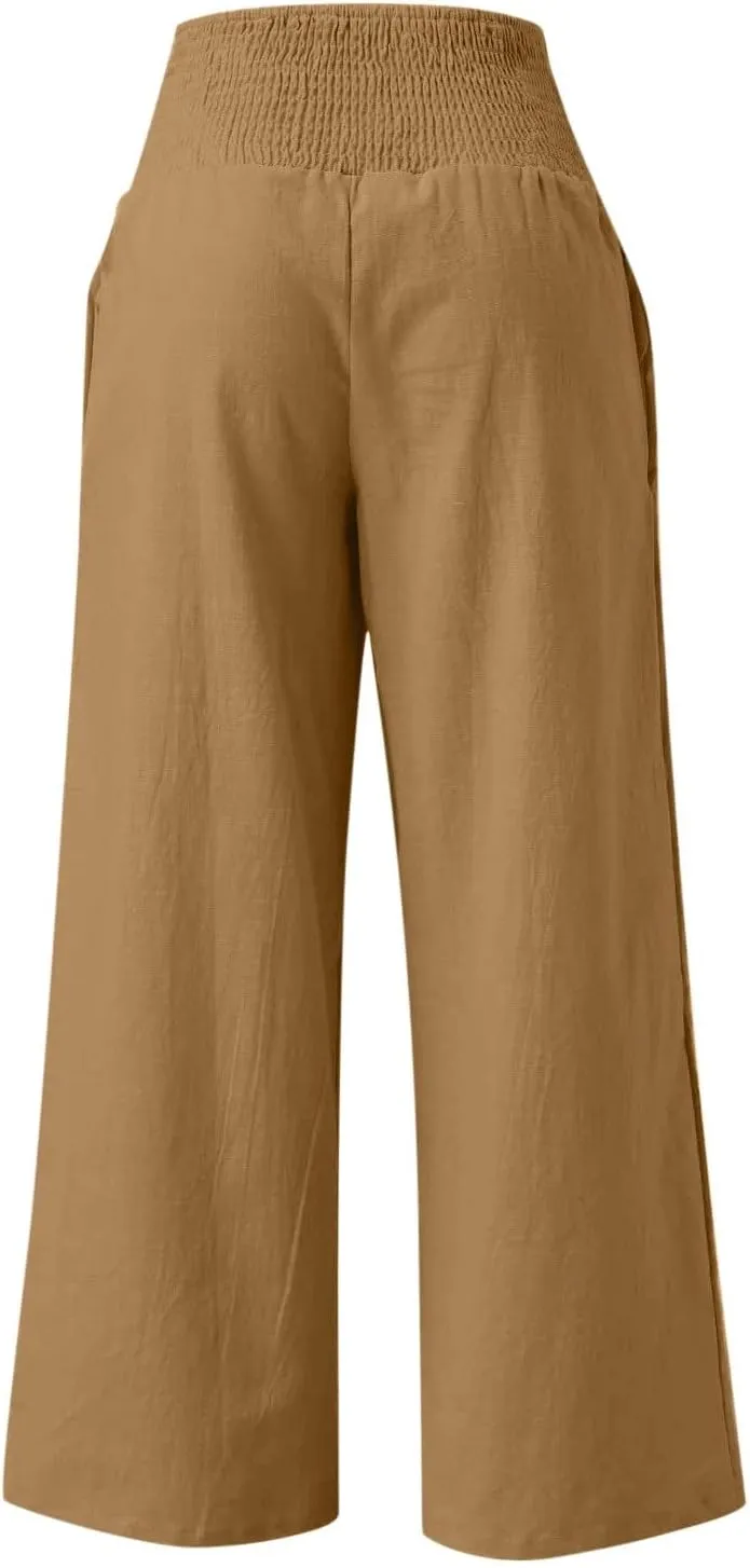 Women Linen Palazzo Pants Summer Wide Leg High Waist Trousers Casual Lounge Pant 2025 Beach Travel Vacation Outfits