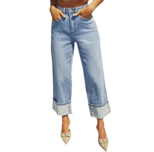 Women's Straight Leg Denim Pants High Waisted Rolled Hem Jeans Stretch Loose Casual Comfy Trendy Streetwear Trousers