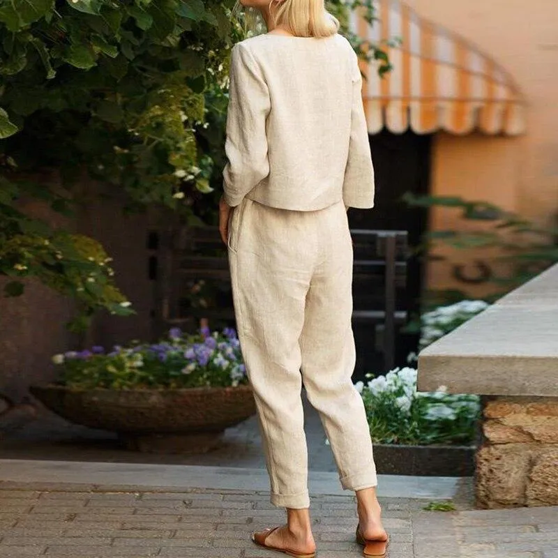 Women's Two-Piece Linen Set - Loose Fit Top & High-Waisted Pleated Pants