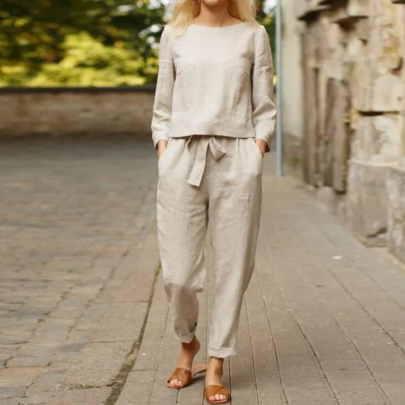 Women's Two-Piece Linen Set - Loose Fit Top & High-Waisted Pleated Pants