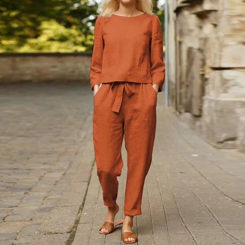 Women's Two-Piece Linen Set - Loose Fit Top & High-Waisted Pleated Pants