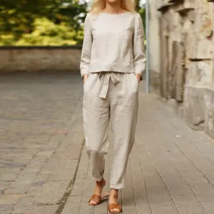 Women's Two-Piece Linen Set - Loose Fit Top & High-Waisted Pleated Pants