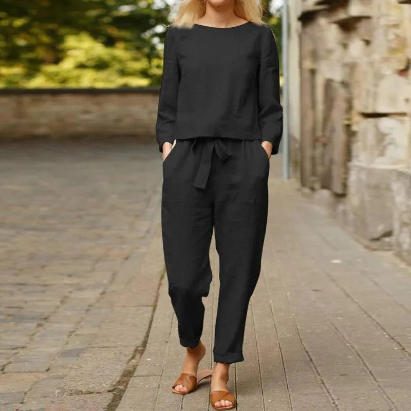 Women's Two-Piece Linen Set - Loose Fit Top & High-Waisted Pleated Pants
